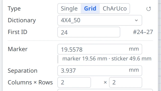 The panel rows with the marker size, separation and columns in grey: driven