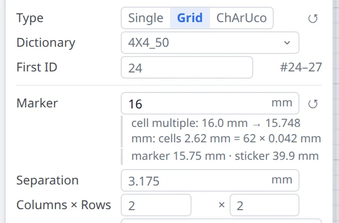 The same rows after typing a 16 mm marker: the size is black, with a reset arrow
