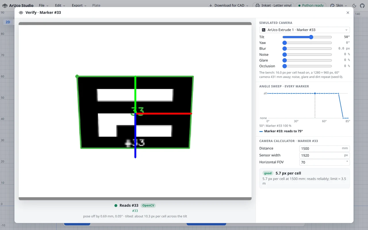 Verify: OpenCV reads marker 35 at 50 degrees of tilt, with the angle sweep and the camera calculator